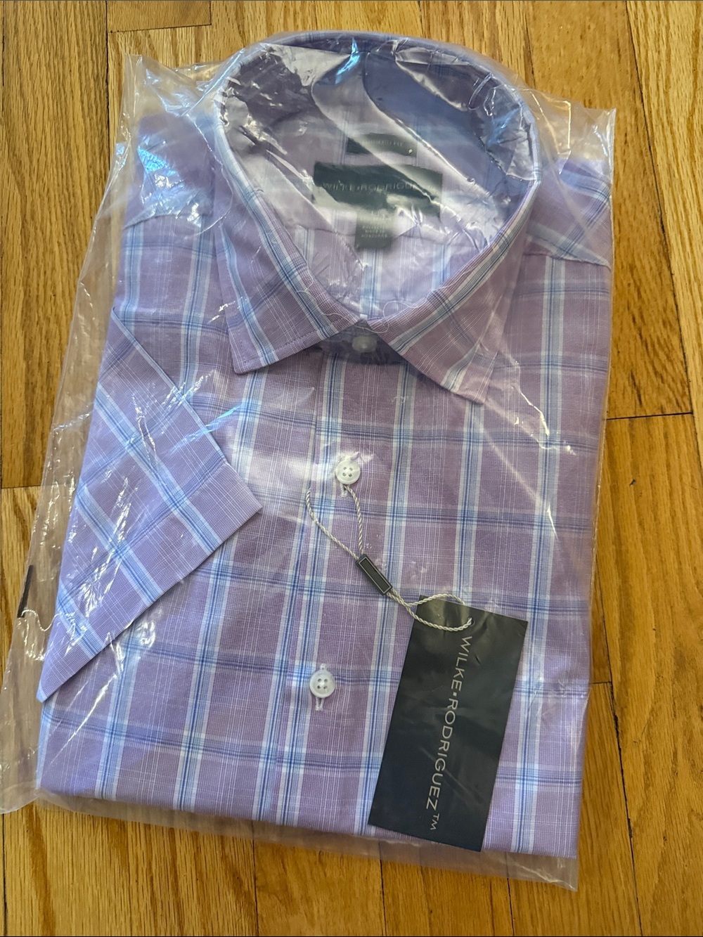 Wilke Rodriguez LT Lavender Plaid Short-Sleeve Shirt NWT in packaging